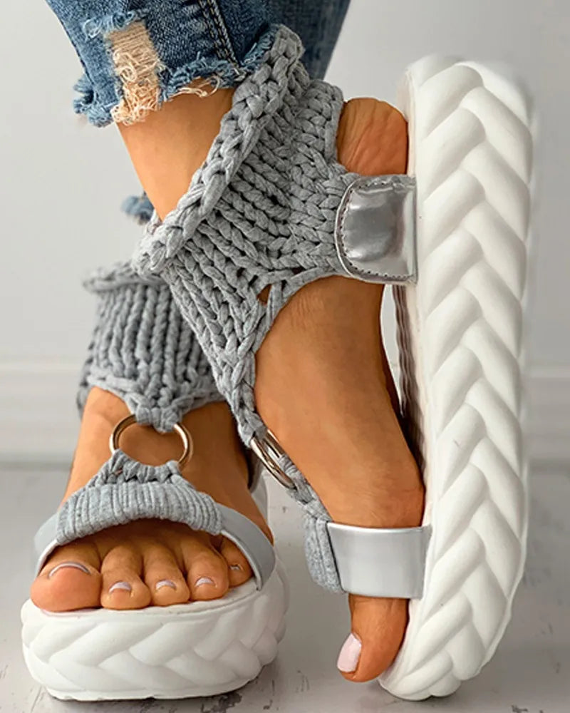 Sandals Women's Braided Knit O-Ring Cutout Platform Summer Gladiator Sandals Shoes Thick Heels Ladies White Sandalias Casual