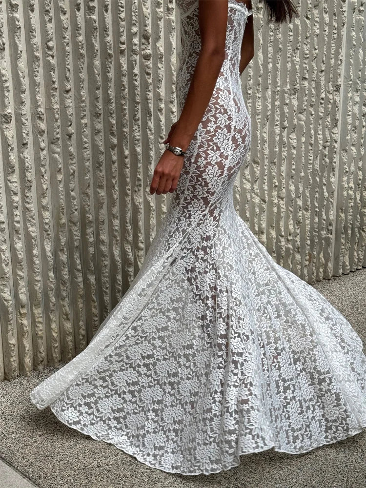 Solid Lace Halter Maxi Dress Sexy Cutout Waist Sheer Slim Fit Fishtail Long Gowns Women's Summer Evening Party Robes 2026 New