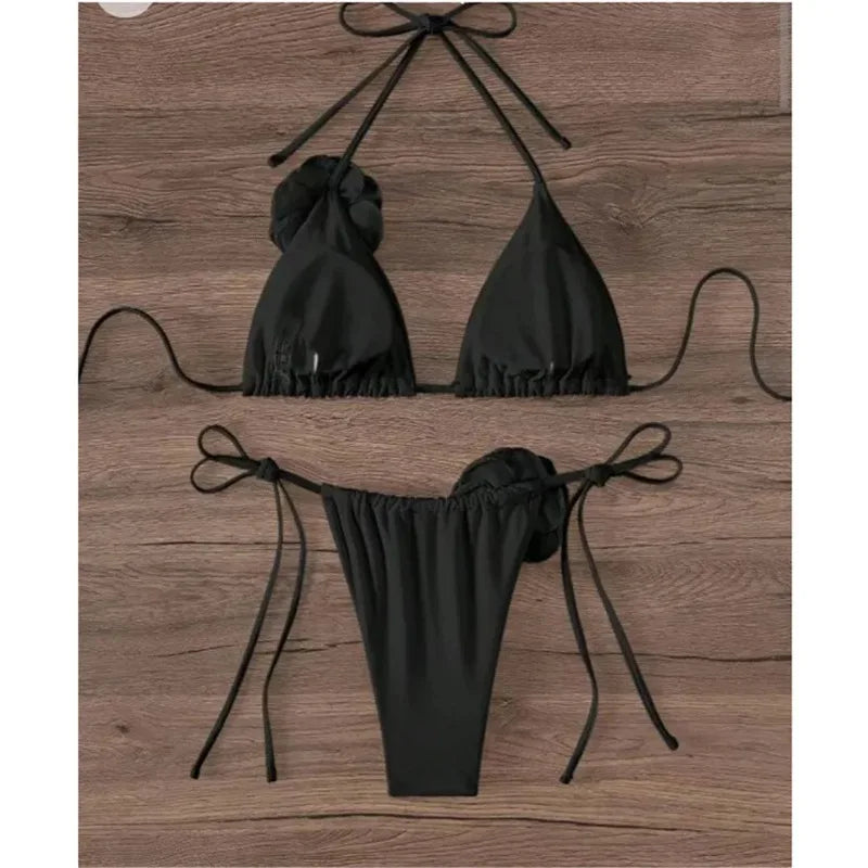 Women Two Piece Bikini Set 3D Floral Bandeau Swimwear Sexy Brazilian Bikini Lace Up Bathing Suit Separate Beachwear For Women