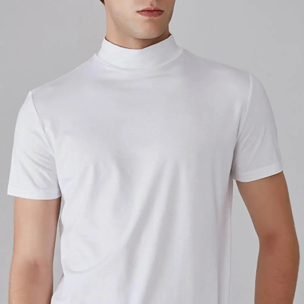 Summer Casual Short Sleeve T-shirt For Men Half High Collar Slim Fit T-shirt Solid Color Elastic Thin Pullover Tee Shirt