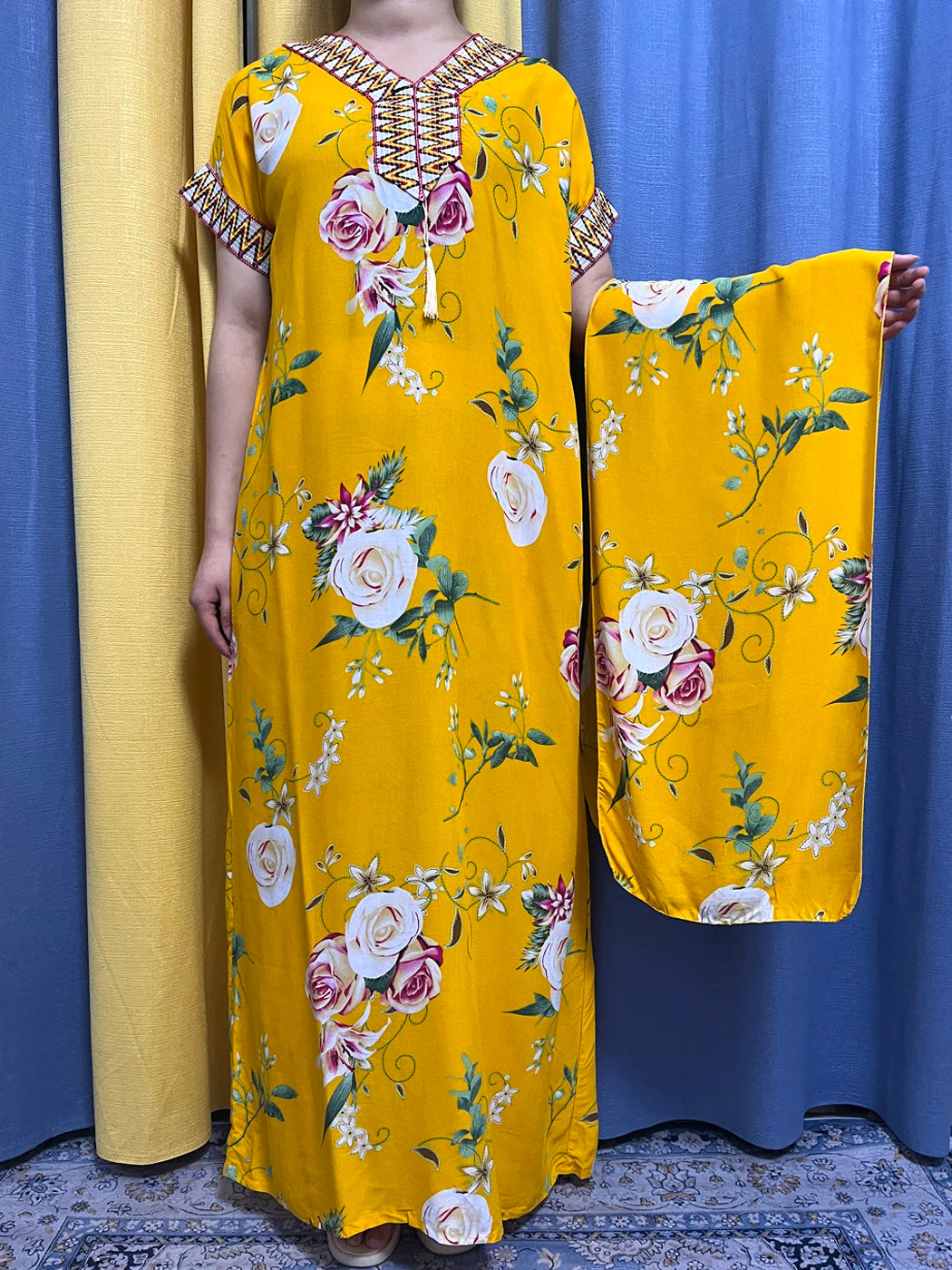 Abayas For Women 2023 Dubai  Fashion Printed Flower Cotton V-neck Slim Fit Short Femme Robe African Woman Dresses With Headscarf