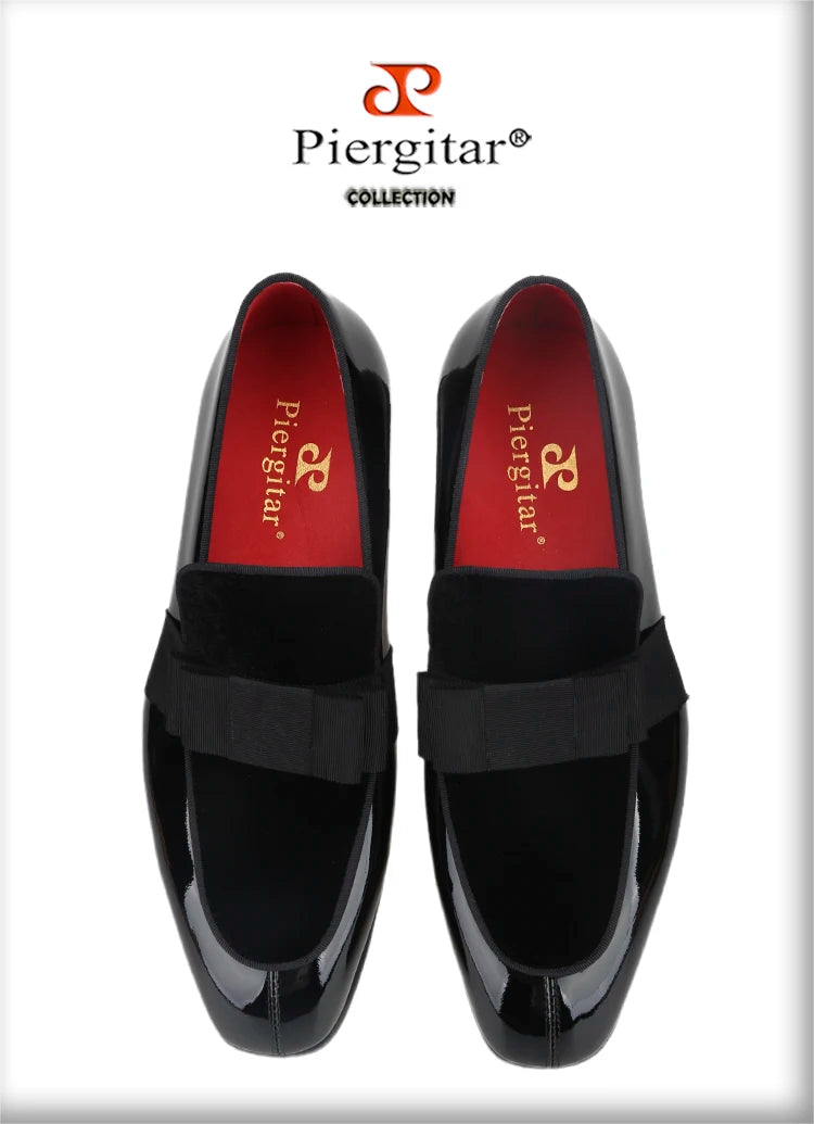 Black Patent Calfskin And Velvet Hand Stitching Men’s Dress Shoe With Grosgrain Ribbon Bow Adorns CL Brand Couture Loafer