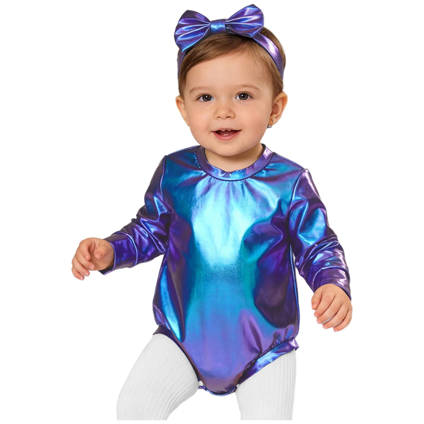 Baby Girls Long Sleeve Metallic Shiny Buttons Crotch Romper with Bow Headband Birthday Theme Party Photography Outfit Daily Wear