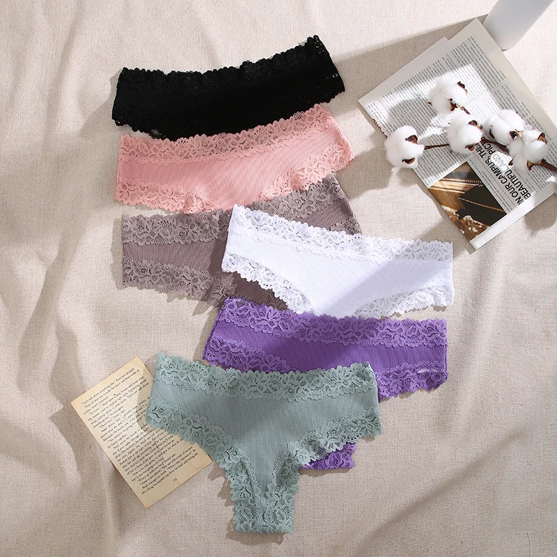 Lace Seamless Brazilian Panties Ribbed Cotton Low Waist Women's Panties Breathable Girls Underwear Plus Size Lingerie S-XL
