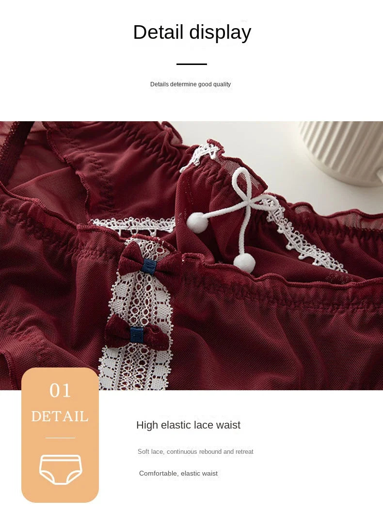 L-XL Women's Underwear Panty Sexy Lace Panties Bowknot Wine Red Brief Med Waist Seamless Underpants Female Lingerie Panties