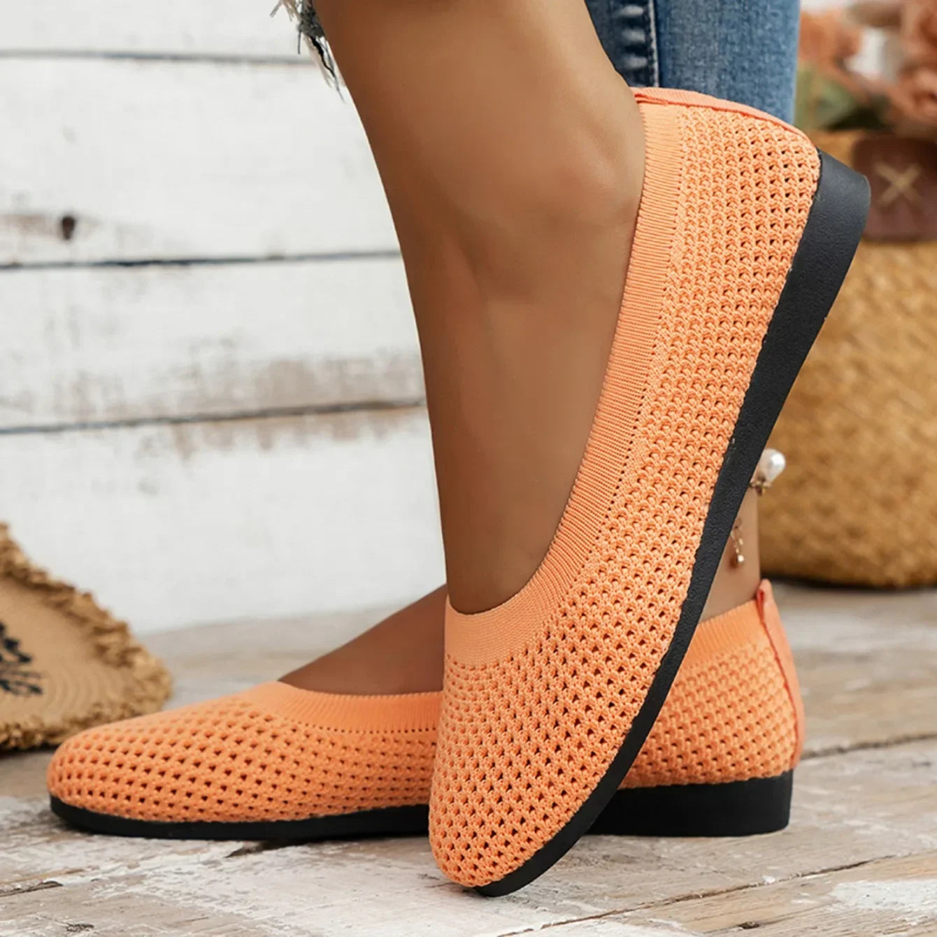 Women Round Toe Flat Shoes Solid Color Knitted Slip on Shoes Casual Breathable Ballet Flats Women Mesh Flat Shoes Loafers Woman
