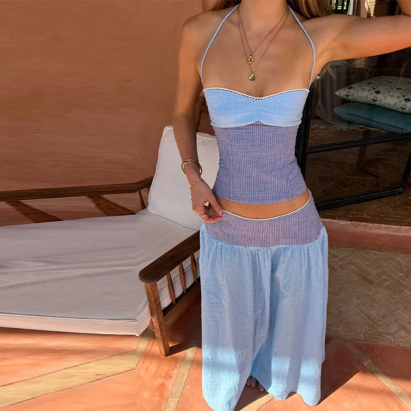 Chic Striped Women's Vest Pant Suits Sleeveless Slim Halter Top Wide Leg Pants Lady Set 2026 Summer Vacation 2 Piece Set Women