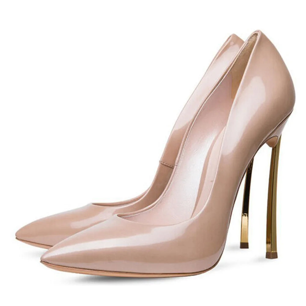 Spring and Autumn New Pointed Shallow Leather Single Shoes Metal Fine High Heel Banquet Dress Customized Large Size Women's Shoe