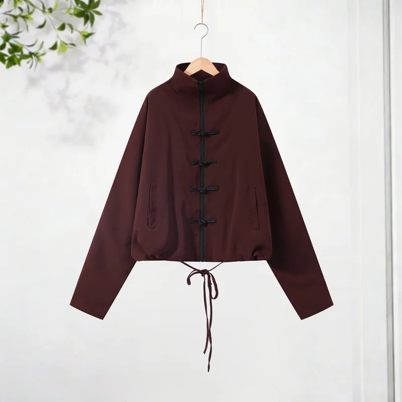 Casual Zipper Shirt Pants Suit Women Solid Button Stand Collar Drawstring Shirts Loose High Waist Trousers 2026 Spring Set Lady