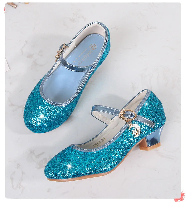 Classic Children High Heels Leather Shoes Fashion Sequins Elegant Kids Girls Wedding Shoes Princess Party Dress Single Shoes