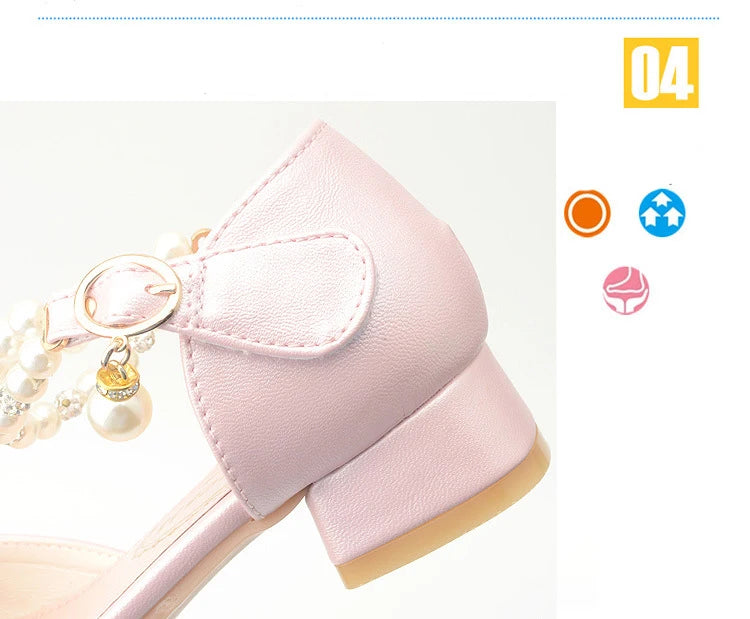 Pink Black White Party Wedding Shoes Children's High Heels Girl Shoe Elegan Pearl Princess Dress Girls Heel Shoes Child 2024 New