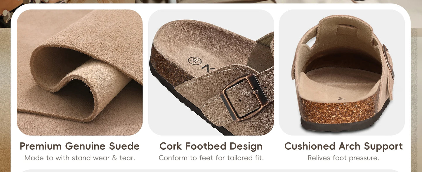 Evshine Men' s Cork Suede Mules with Arch Support Classic Potato Shoes Cozy Cork Footbed Clogs Slippers Men Fashion Beach Sandal