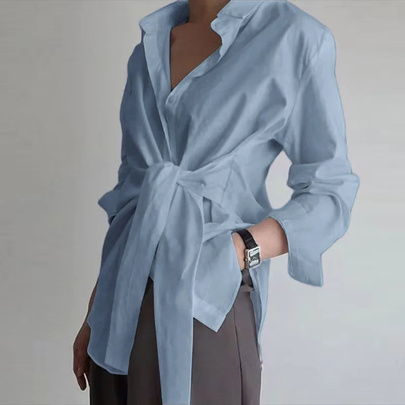 Slim Button White Shirt Women Fashion Tops Office Lady Shirt Loose Long Sleeve Blouse Female Ruched Lace Up Solid Blouse 18659