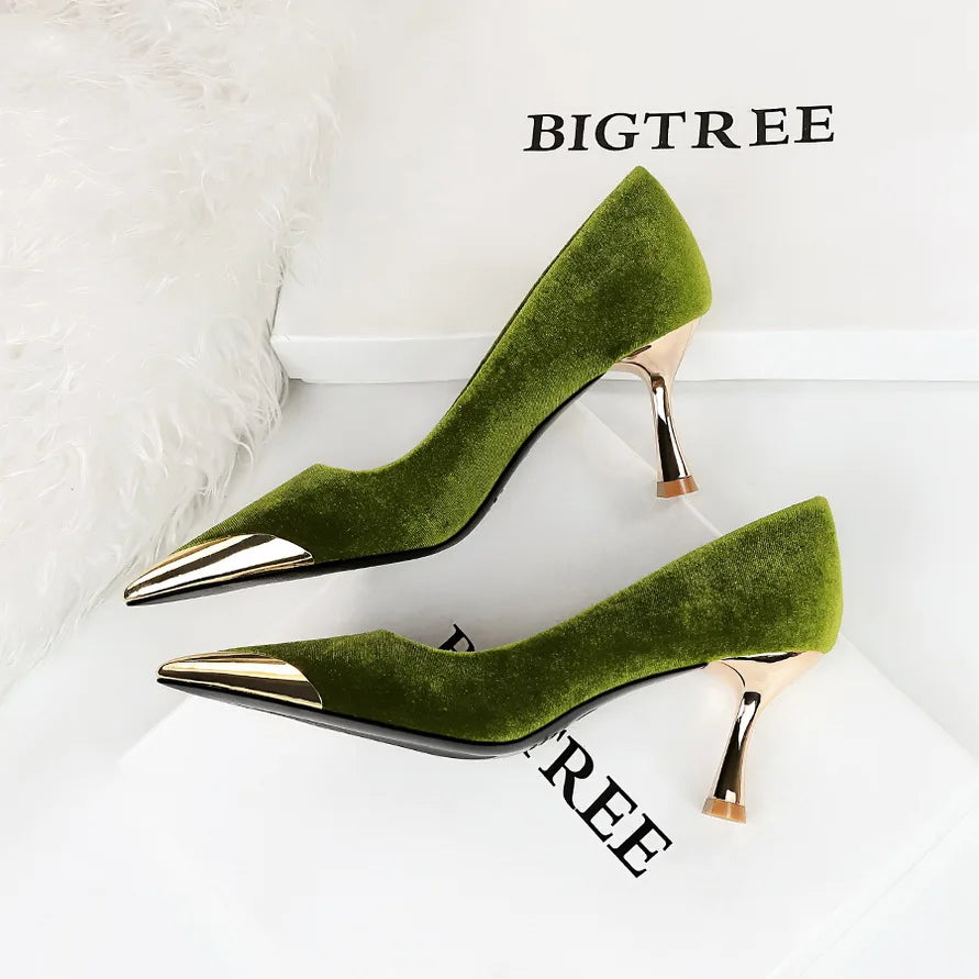 BIGTREE Fashion Sexy Nightclub Slim Wine Glass Pumps High Heel Velvet Shallow Mouth Metal Pointed Party Women's Shoes
