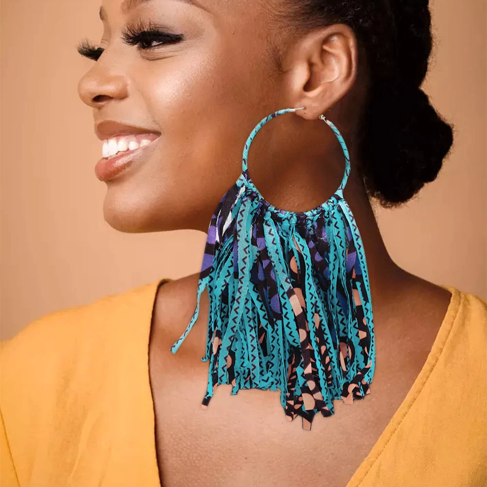 African Fabric Earrings Handmade Drop Tassels Earrings For Women Ethnic African Print Ankara Big Oversized Earings Daily Wear
