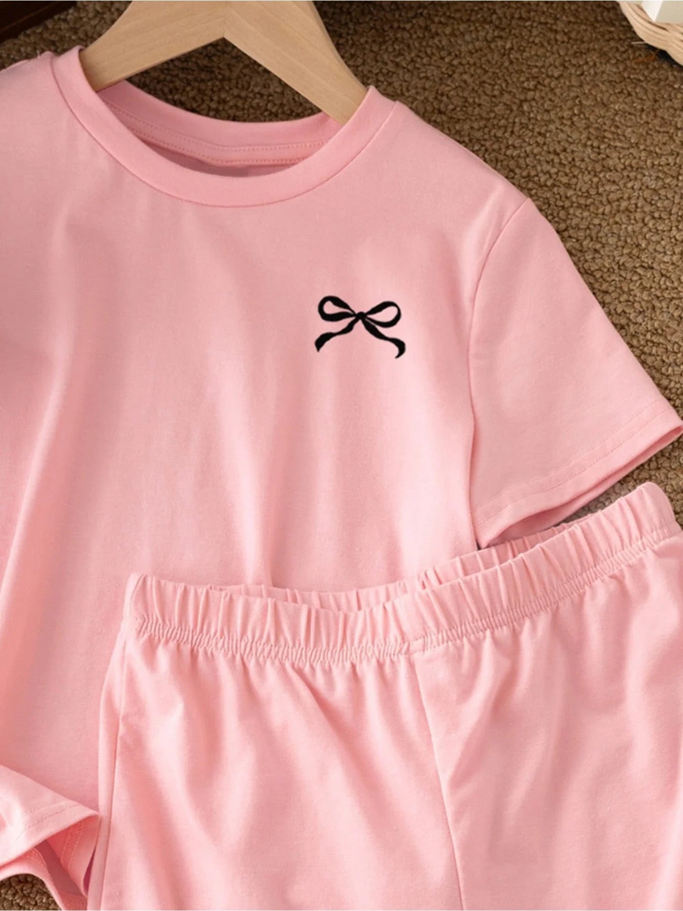 Casual Children's Clothing Set Solid Color Printed round Neck Short Sleeve Top with Wide Leg Shorts Pants for Kids