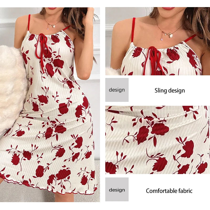 Women's Printed Knitted Ribbed Nightgown Women's Long Casual Backless Ice Silk Printed Sleeveless Suspender Sexy Nightgown