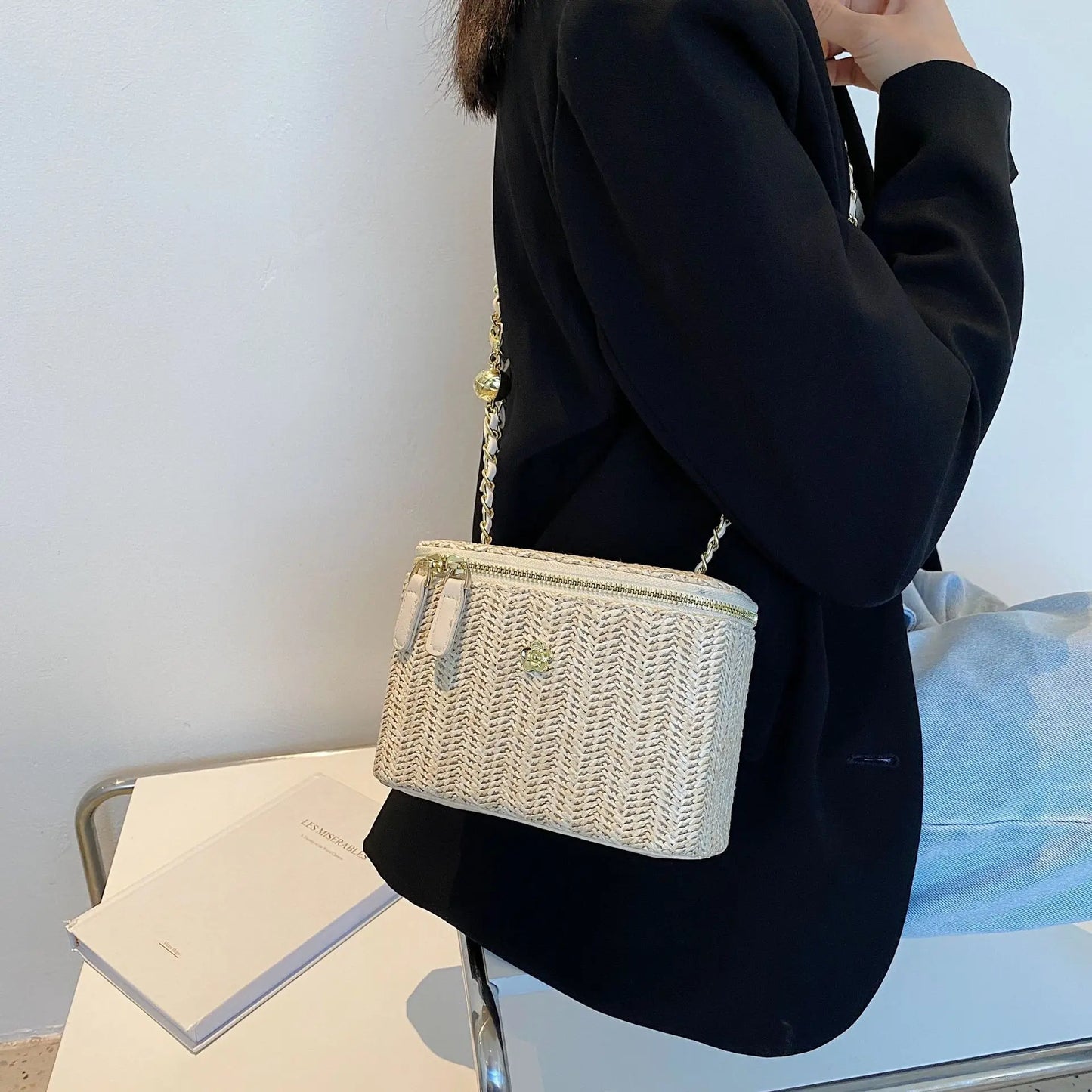 2023 Mini Straw Bucket Crossbody bag For Women Summer Weave Women's Brand Handbags And Purses Fashion Chain Simple Shoulder Bags