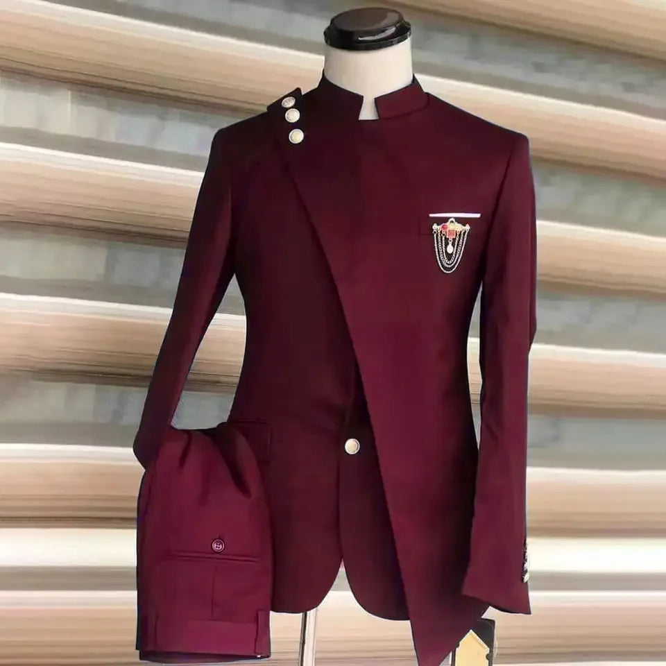 Men Blazer Suits 2 Piece Set Party Coat Straight Pants Ensemble Stand Collar Buttons Trousers Suit Jacket Outfits Autumn 2025