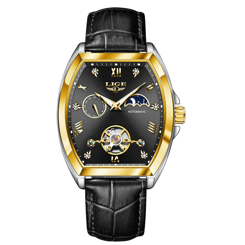 LIGE Luxury Mens Rectangular Dial Mechanical Watches Waterproof Leather Automatic Luminous Watch Business Men relogios masculino