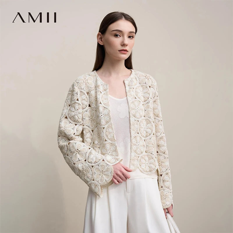 Amii Women Jackets 2026 Spring New Elegant Round Neck Hollow Crochet Jacket Women's Loose Short Cotton Long Sleeve Tops 12621069