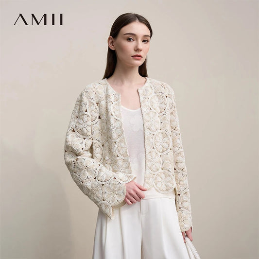 Amii Women Jackets 2026 Spring New Elegant Round Neck Hollow Crochet Jacket Women's Loose Short Cotton Long Sleeve Tops 12621069