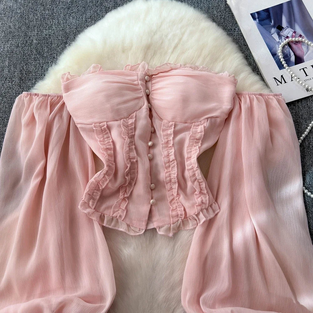 Chiffon Blouse for Women Slash Neck Off Shoulder Solid Color Camisas Ruffles Folds Backless Summer Blusas De Mujer Chic Dropship