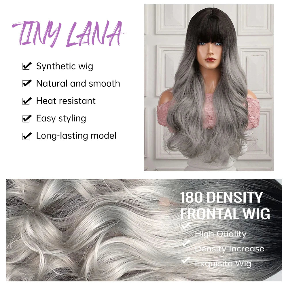 Long Wavy Silver Ash Ombre Cosplay Synthetic Wigs Natural Curly Gray Black Hair Wig with Bangs for Women Afro Heat Resistant