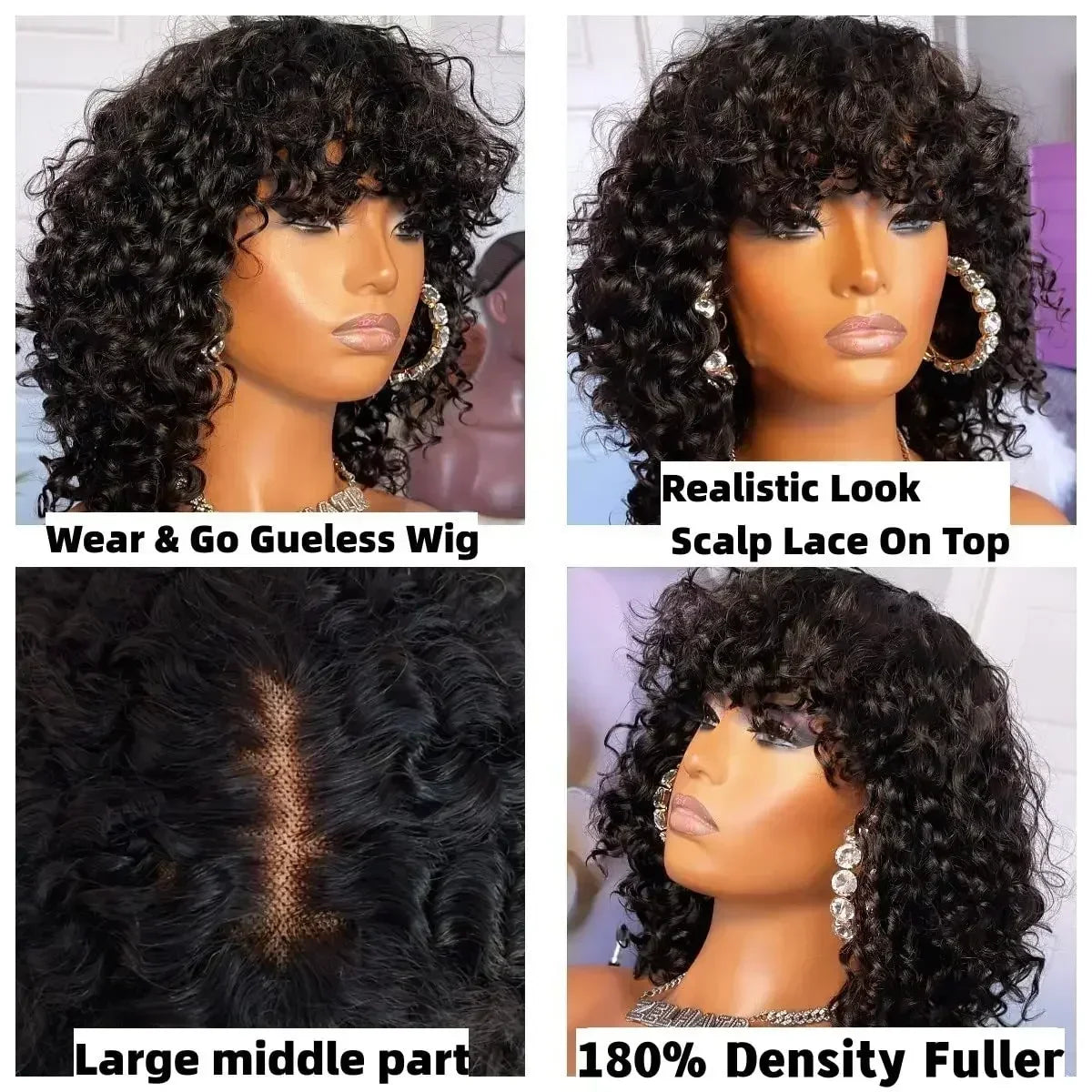 Fake Scalp Curly Wig With Bangs 180% Density Glueless Kinky Curly Brazilian Virgin Human Hair Lace Wigs with Bangs Natural Black