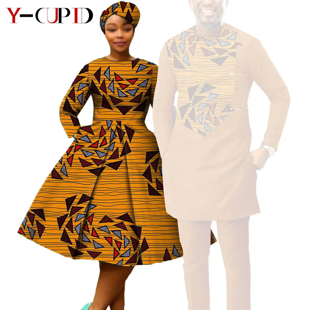 African Print Dresses for Women with Headwrap Matching Couple Outfits Dashiki Men Long Sleeve Pathwork Top and Pant Sets Y23C004