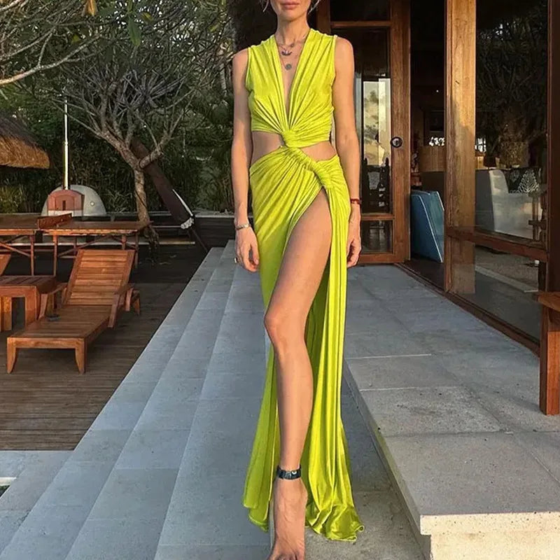 New Summer Elegant Women Sexy Deep V Cut Out Slit Maxi Dress Fashion Casual Sleeveless Waist Hollow Out Outfits Lady Long Dress