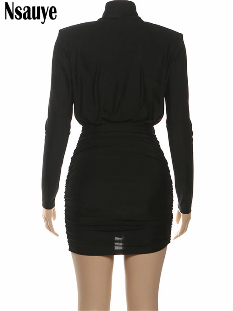 Nsauye Black Long Sleeve Mini Short Fashion Women Winter Dress Pullover Turtleneck Wrap Sexy Evening Party Night Club Dress 2025