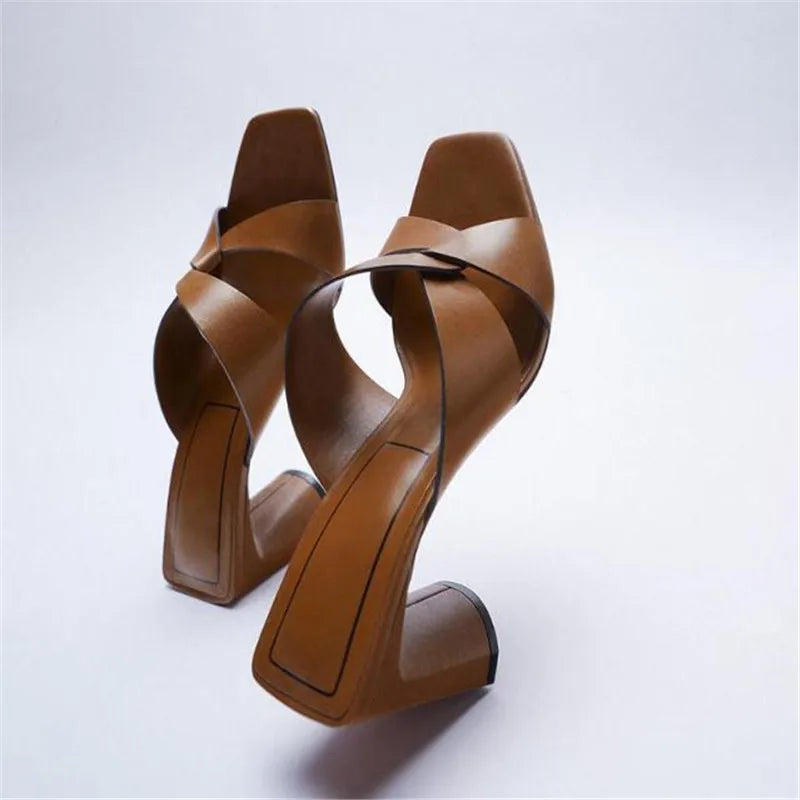 Summer new women's shoes brown black thick-heeled cow leather sandals square toe cross with open toe back high heels slippers
