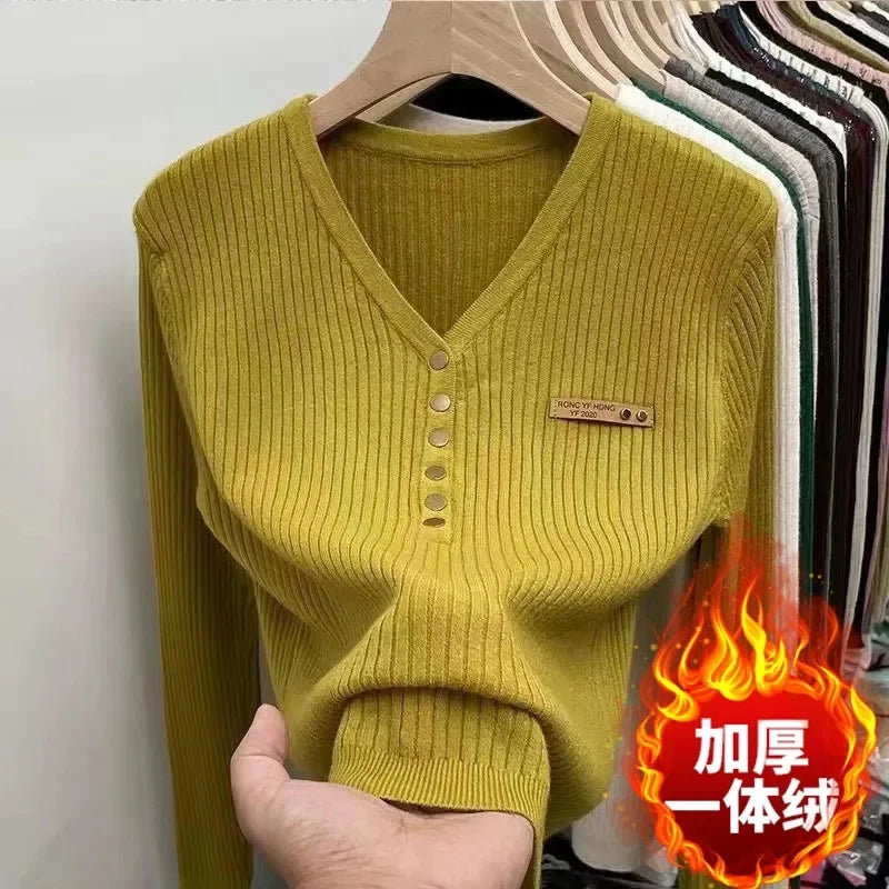 2024 Thicken Velvet V-neck Sweater Women Korean Fashion Lined Warm Sueter Knitted Pullover Slim Top Winter Jersey Knitwear Jumpe