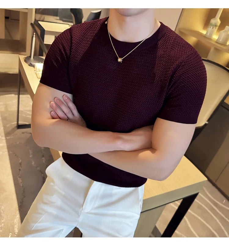 Summer Breathable T-Shirts For Men Korean Luxury Clothing O-Neck Short Sleeve Knitted Men's T Shirt Fashion Hollow Tops&Tees 3XL