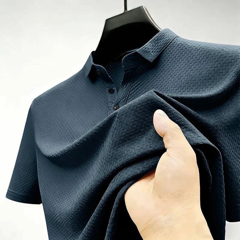 Men's Solid Color Short Sleeve Polo Shirt With Waffle Weave Design Fashionable Turn Down Collar Base Layer Ideal  Hiking Running