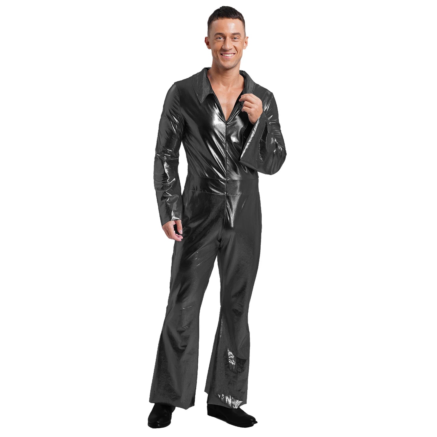Mens 70s Disco Hippies Jazz Dance Performance Costume Metallic Shiny Unitards Jumpsuit Wide Leg Pants Rompers Vintage Clubwear