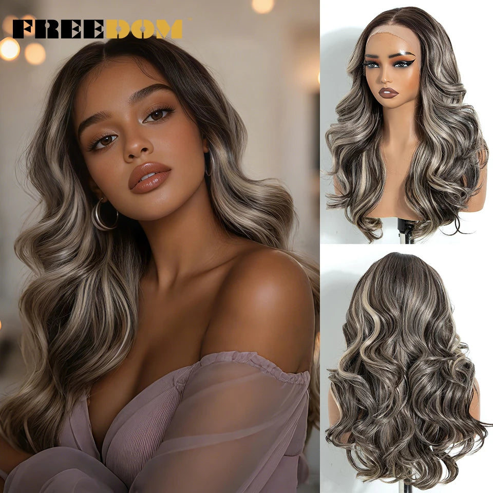 FREEDOM Synthetic Lace Front Wigs For Black Women 13x4 Free Part Body Wave Lace Wig 20 Inch Ombre Brown Highlight Cosplay Wigs