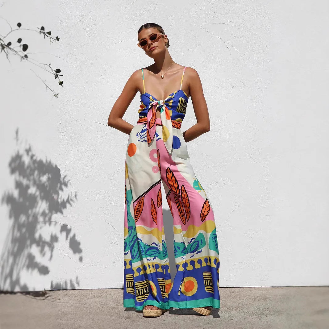 Beach Style Camisole Jumpsuit Waist Hugging Camisole Skirt Bow Tie Wide Leg Pants Vacation Jumpsuit Women's Rompers Dresses