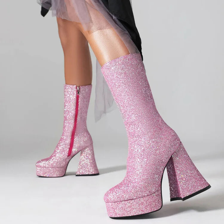 Ochanmeb Women Gold Sequins Boots Platforms Super High Chunky Heels Pink Mid-Calf Boots Gothic Zipper Woman Silver Glitter Shoes