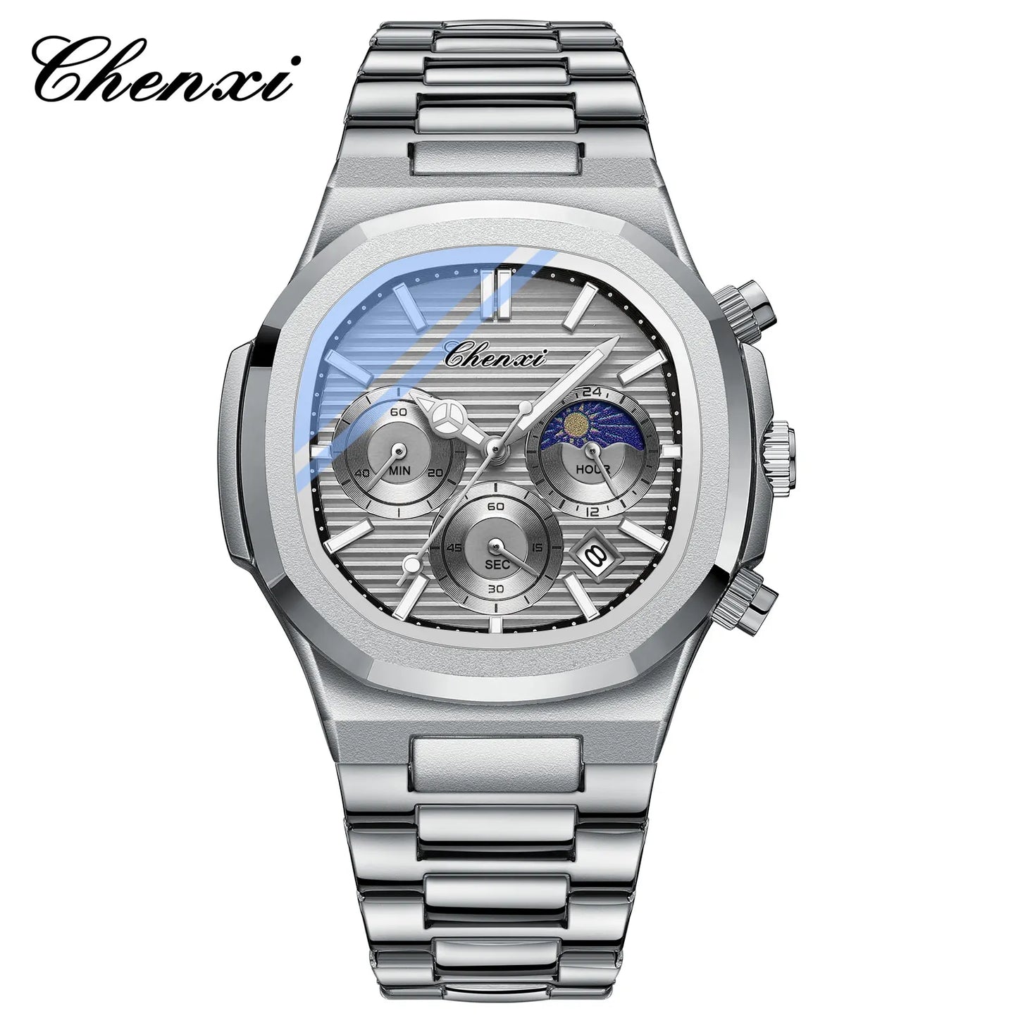 CHENXI Fashion Luxury Men's Watches Stainless Steel Quartz Movement Waterproof Calendar Moon Phase Chronograph Watch for Men