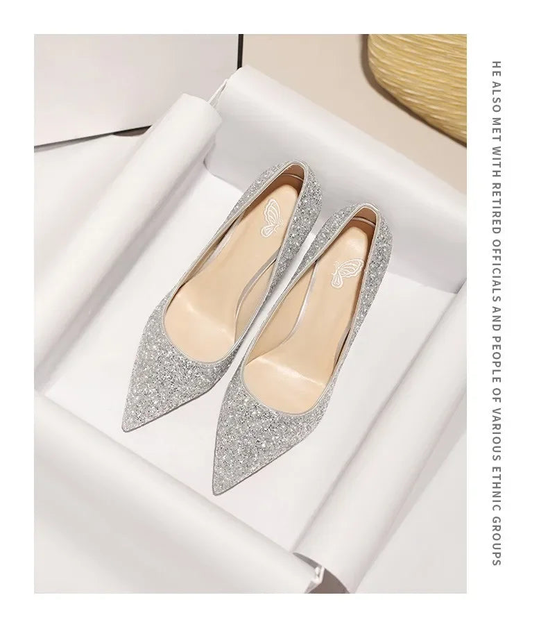 2025 New Women Pumps High Heel Metal Pointed Toe Shallow Sexy Ladies Bling Bridal Wedding Women Shoes White High Heels