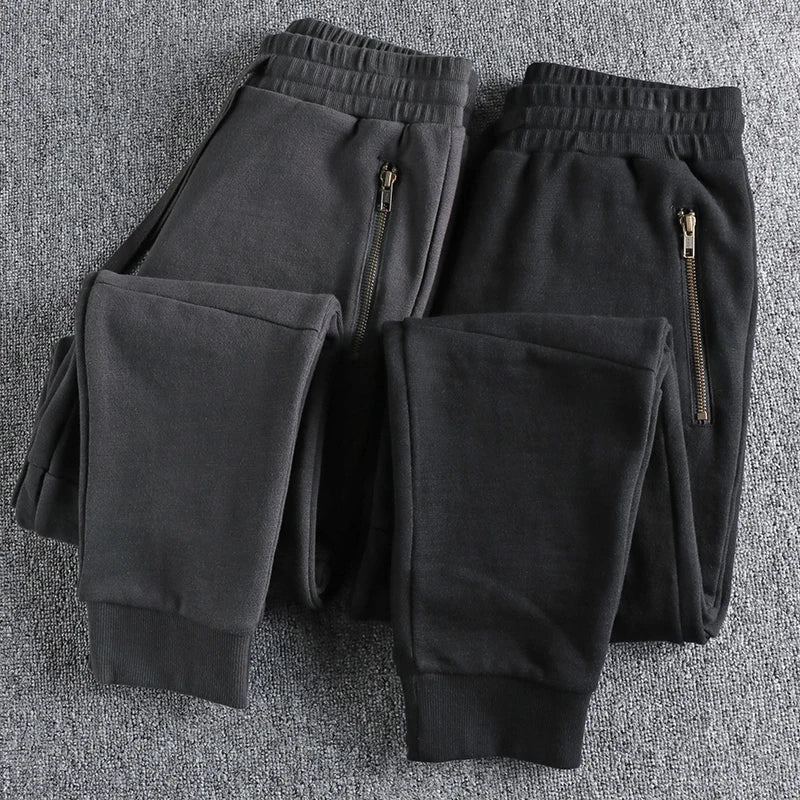 Autumn Winter American Retro Thick Sweatpants With Velvet Men's Pure Cotton Washed Heavyweight Knitted Sports Ankle-tied Pants