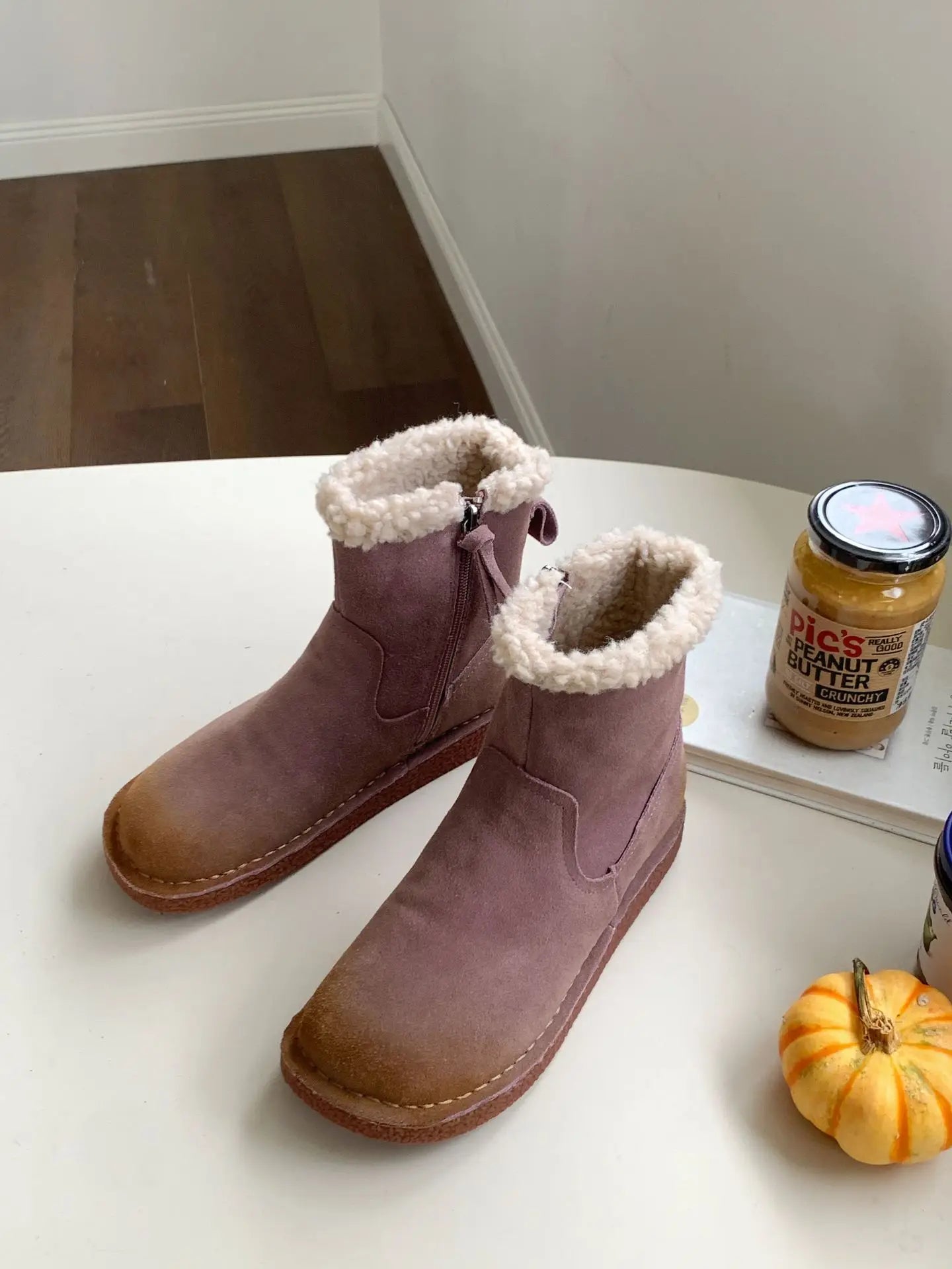 Careaymade-Genuine cow leather Snow cotton round head flats woolen short boots plush warm snow boots Oversized shoes size 35-43