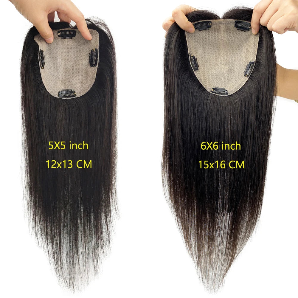 6X6inch Real Human Hair Topper for Women Virgin European Hair Toupee with Clips In Natural Hairline Scalp Base Fine Hairpiece