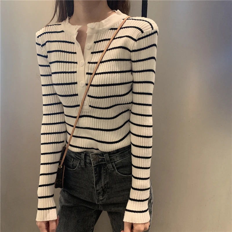 ITOOLIN Women Stripes O-neck Buttoned Up Sweaters Long Sleeve Knitted Sweater Slim Women Jumpers Tops Autumn Winter One Size