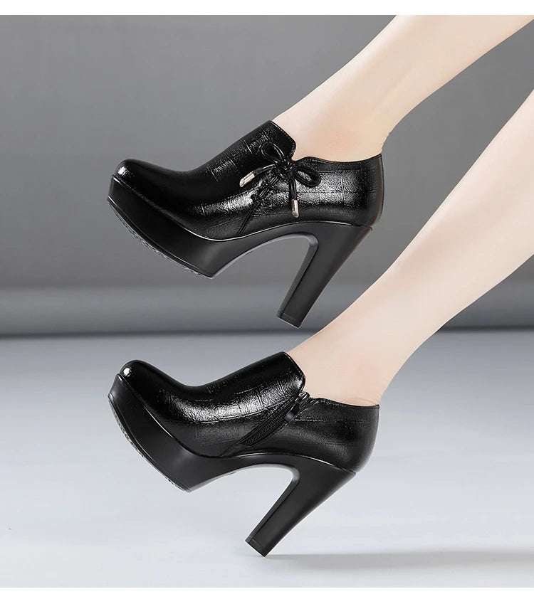 10cm Small Size 32-43 Elegant Black Bow Deep Mouth Thick Bottom Platform Pumps 2026 Winter Block High Heels Shoes Office Model