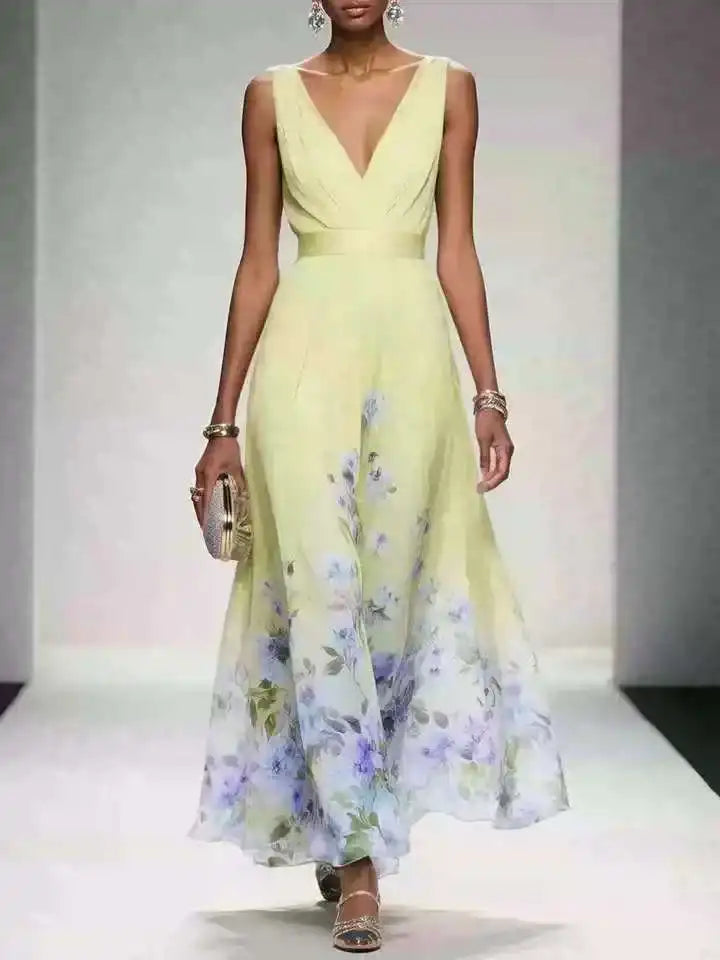 New Fashion Party Dresses Summer Women's Sexy Deep V Neck Floral Print Ruffle Sleeveless High Waist A Line Beach Dress Vestidos