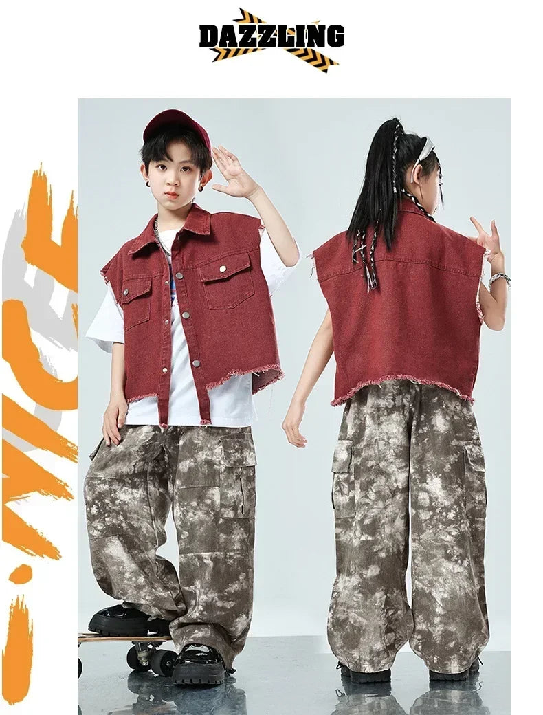 Children Hip Hop Jazz Fashion Show BoyGirl Loose Vest Baggy Pan t T-shirt Suits Sets Dance Performance Clothes Kids Tracksuits