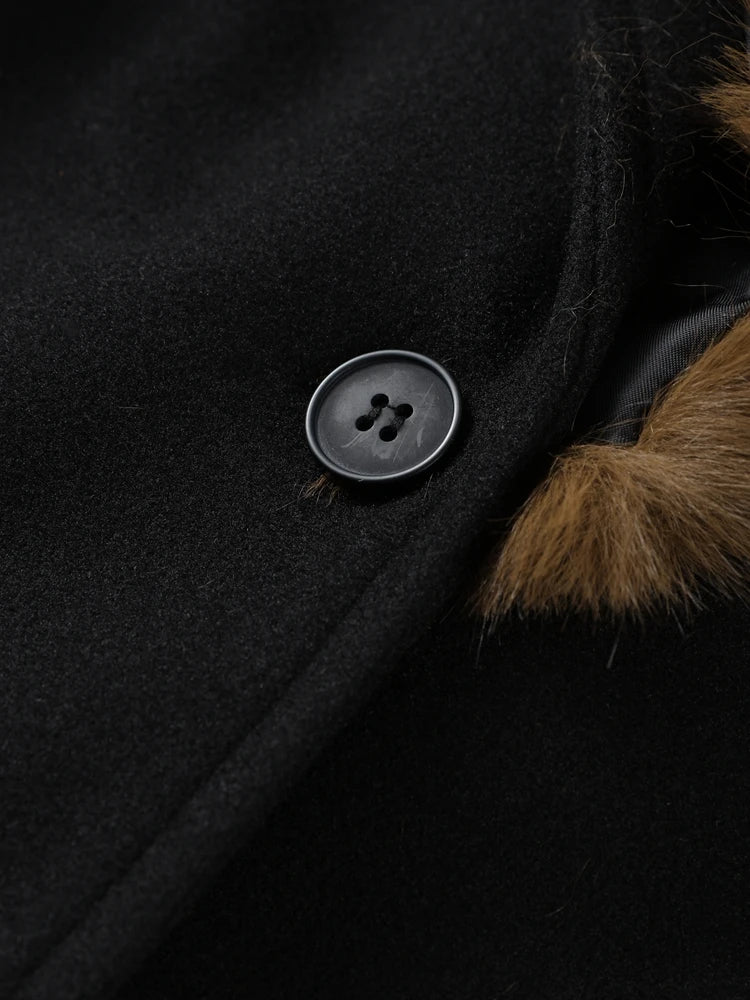 Faux Fur Collar Lace Up Woolen Overcoat Women Elegant Full Sleeve Waist Cinching Autumn Winter Bomber Coats Chic Lady Outerwears